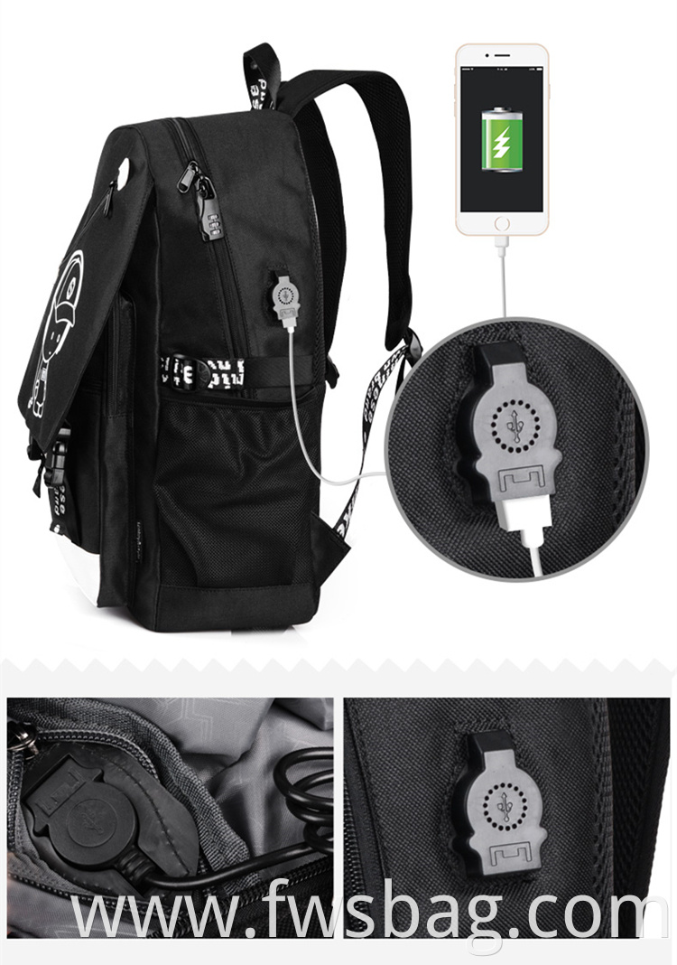 Custom Anti-Theft Luminous Anime USB Charging Bag College Laptop waterproof Backpack